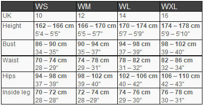 Palm Drysuit Size Chart