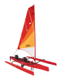 Hobie Tandem Island Trimaran kayak shown in Red, a remarkably stable fishing sailing sit-on-top