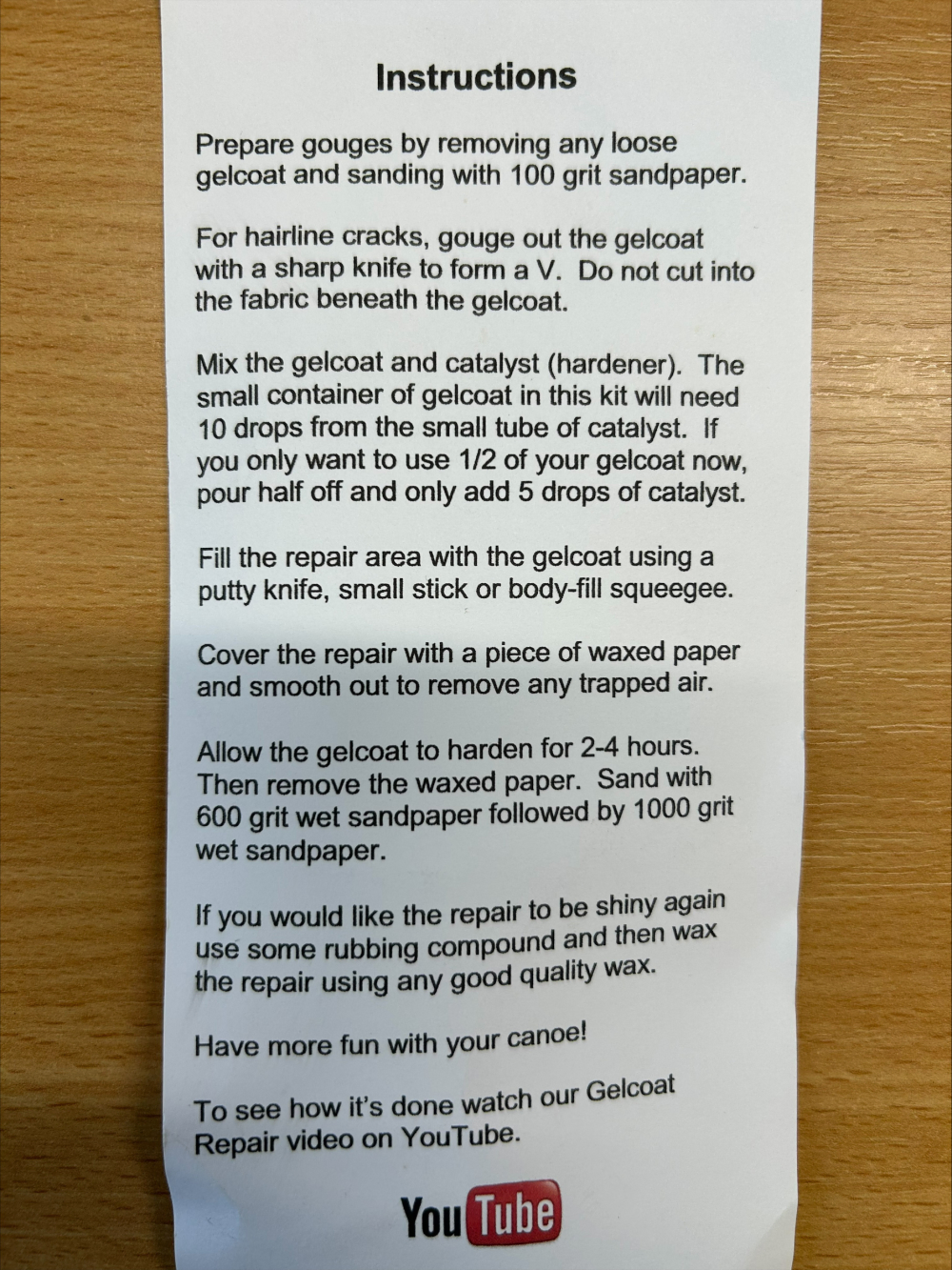 Gelcoat repair Kit For Canoes