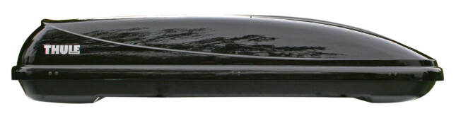 Thule Ocean 600 Roof Box, narrow box with glossy black finish. Perfect for adventures with other items on the roof